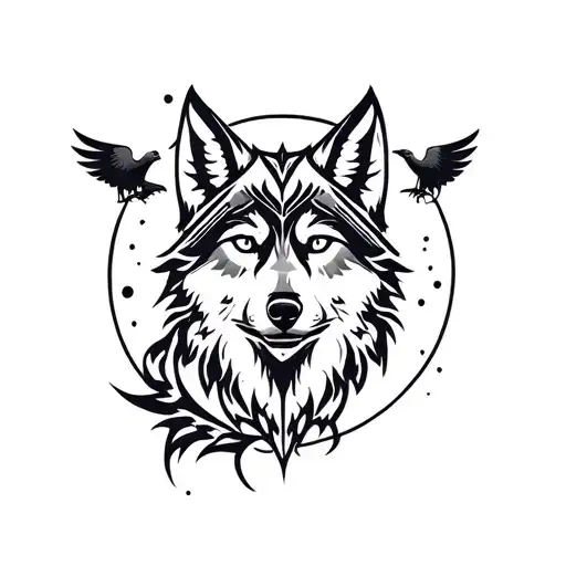 Wolf With Moon And Raven Viking