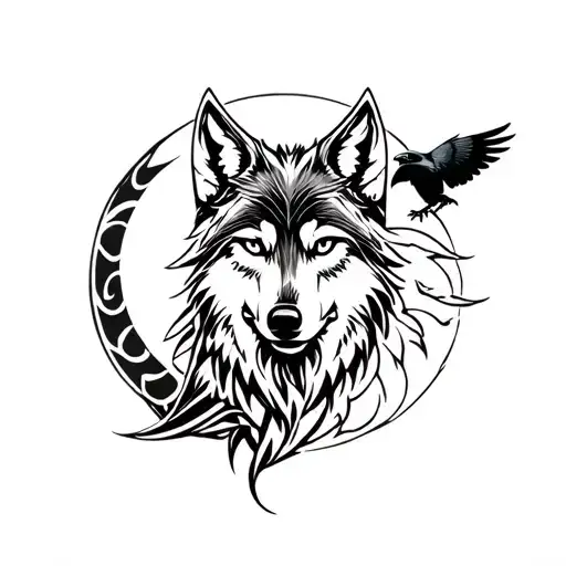 Wolf With Moon And Raven Viking