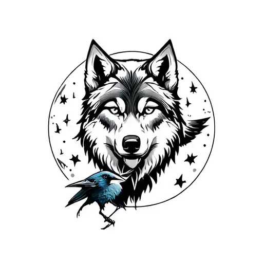 Wolf With Moon And Raven Viking