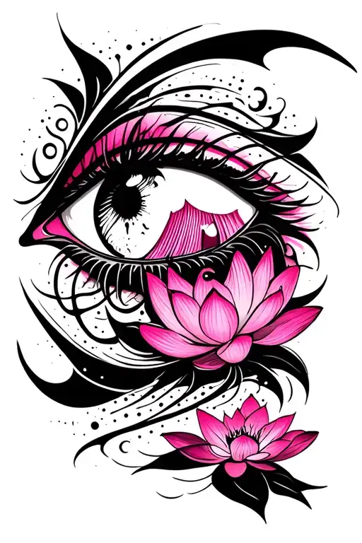 Scary Eye With Virtical Lines Surrounding And A Pink Lotus Near It Dotted Art