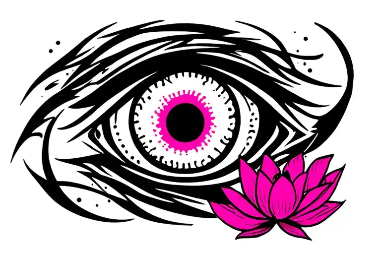 Very Scary Evil Scary Eye With Virtical Lines Surrounding And A Pink Lotus Near It Dotted Art