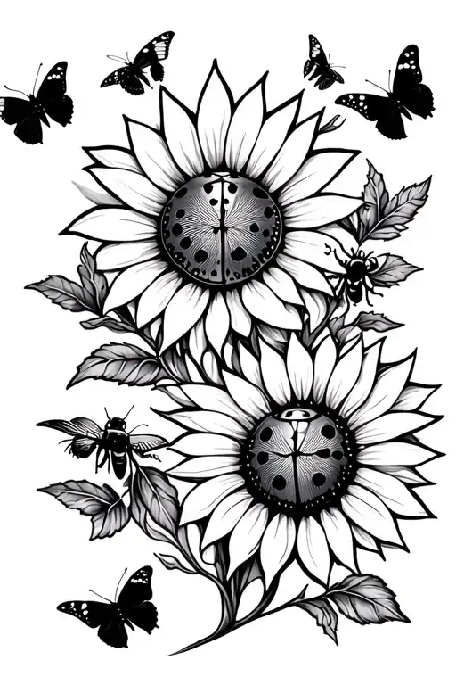 Ladybug On Sunflower Leaves And Butterflies And Bees Flying