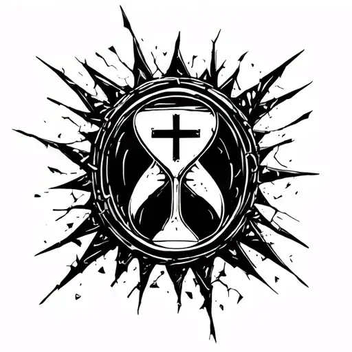 Hour Glass With Cracked Glass Shards With A Cross In The Back Raped In Bob Wire