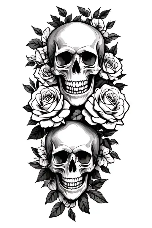 Skulls With Roses Blooming Around