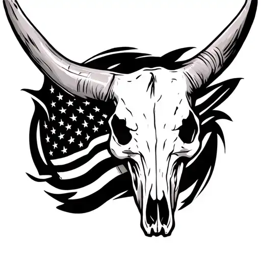 Longhorn Skull Wearing American Flag Intertwined