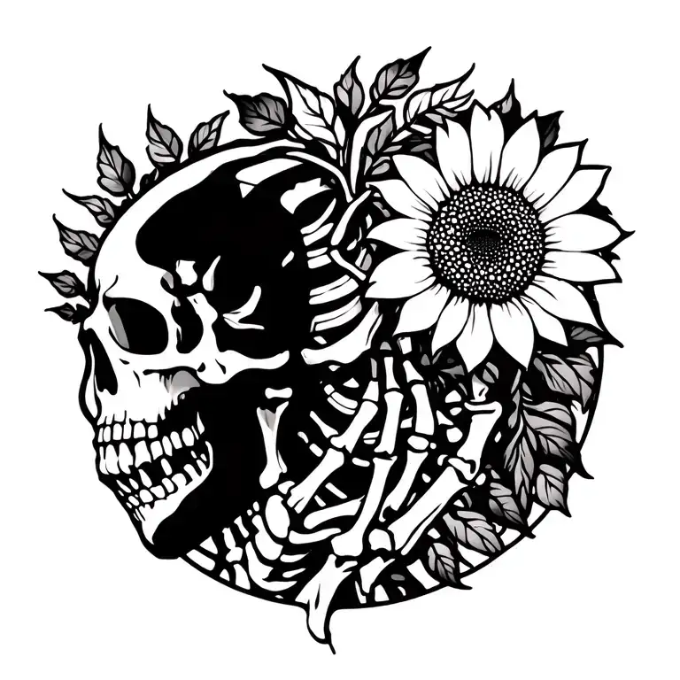 Skeleton Spine With Vines Intertwined And A Sunflower