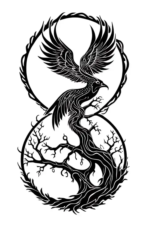 Tree Of Life And Rising Phoenix Intertwined Symbolizing