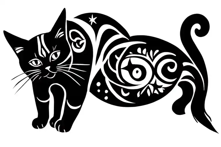 Line Art Cat Where Tail Turns Into Crescent Moon And There's A Star