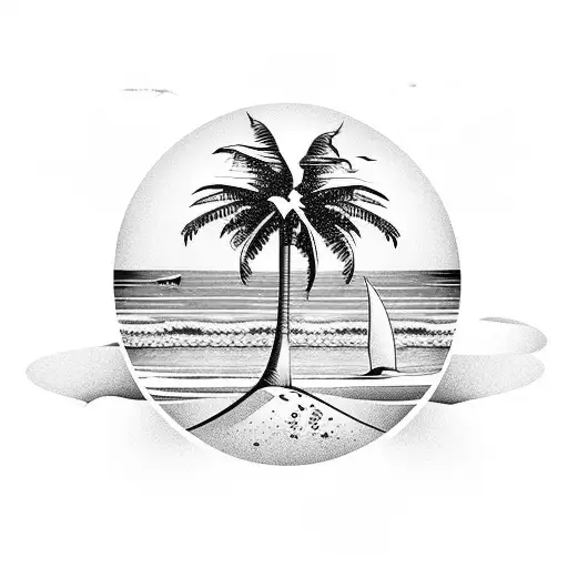 A Beach Scene With Palm Trees And A Spaceship Landing On The Shore