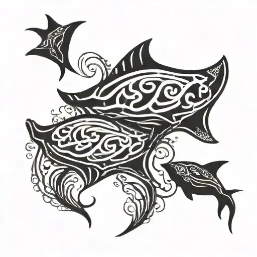 Jelly Fish And Sting Ray Trying To Catch Waves Forming The Shape