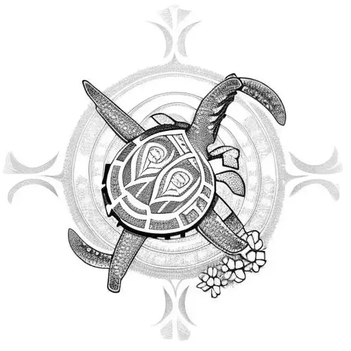 Chest And Arm Polynesian Tattoo With A Turtle And Flowers