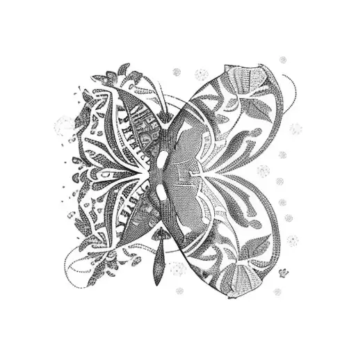 A Black Butterfly In The Middle Surrounded By Some Flowers