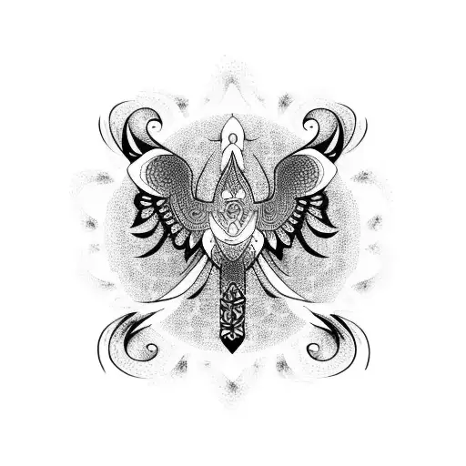 Tattoo Design Of Flying Pheonix With Mandala Pattern And Lotus Mandala At The Bottom