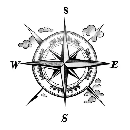 A Tattoo Of A Compass Surrounded By Storm Clouds And Lightning Bolts
