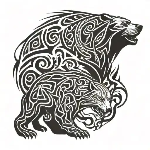 Celtic Polar Bear Fighting Wolf