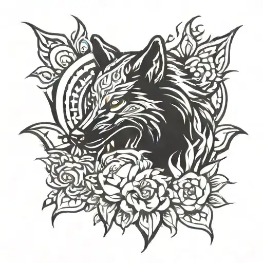 Flaming Wolf And Flowers