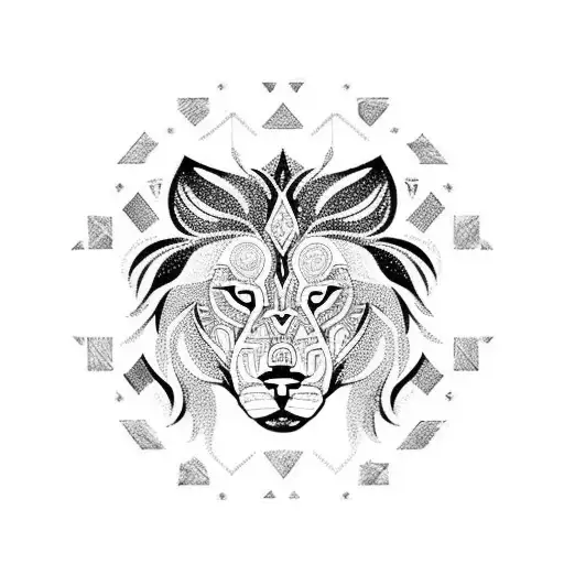 A Traditional Lion And Wolf Design With Intricate Geometric Patterns