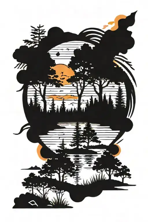 Native American Forrest Trees Colors Sunset Over Lake