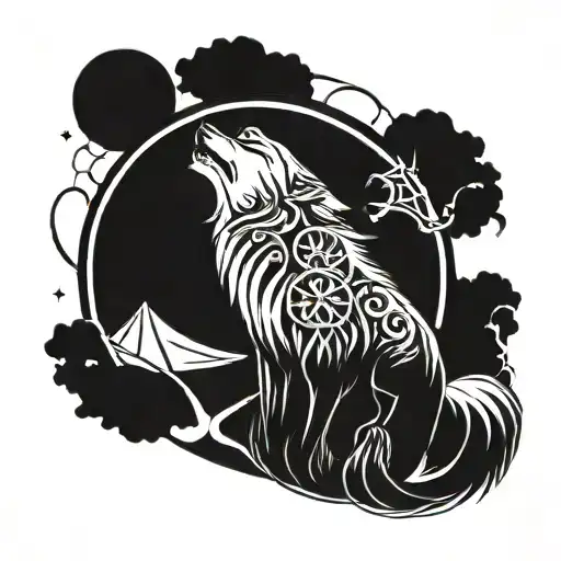 Tribal Wolf Howling At A Quarter Crescent Moon With A Yin And Yang Dream Catcher