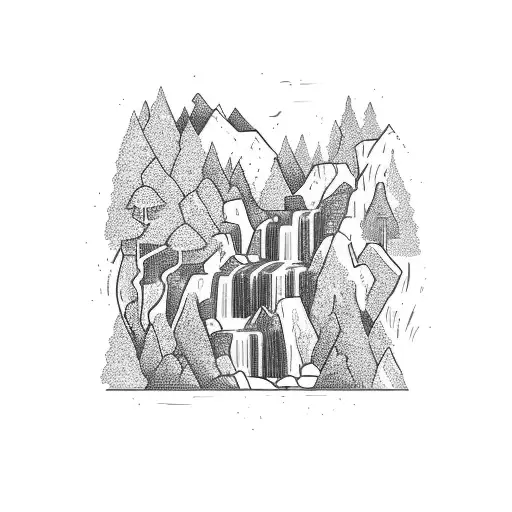 A Detailed Sketch Of A Waterfall Surrounded By Lush Greenery