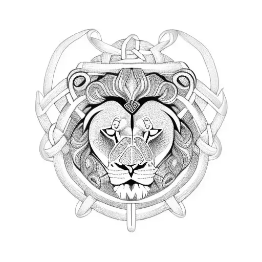 A Lion's Head With Celtic Knot Patterns As Its Mane