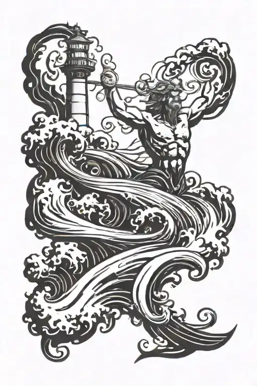 A Majestic Poseidon Surrounded By Swirling Waves And A Lighthouse In The Background