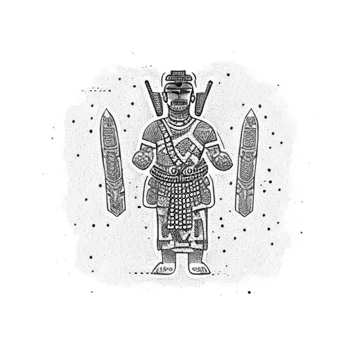 Create A Dotwork Tattoo Featuring A Rapa Nui Warrior Surrounded By Archaeological Artifacts