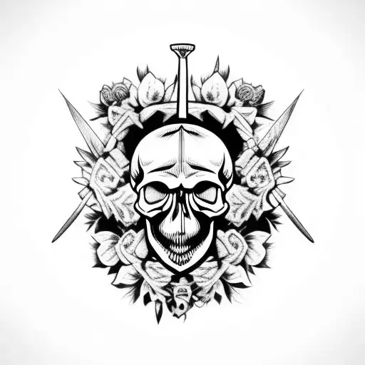 Skull With Swords And Butterflies