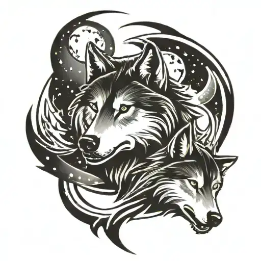 A Cosmic Tattoo Featuring A Galaxy With Wolves Howling At The Moon