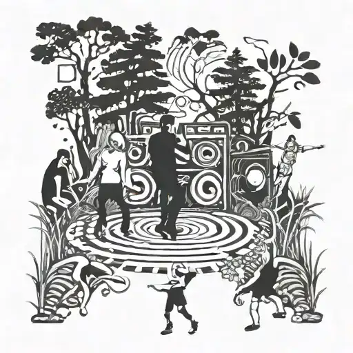 People Dancing In A Forest Next To A Soundsystem And Railway Tracks