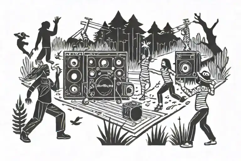 People Dancing In A Forest Next To A Soundsystem And Railway Tracks