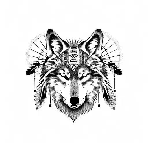 Dreamcatcher With Wolf And Native American Girl