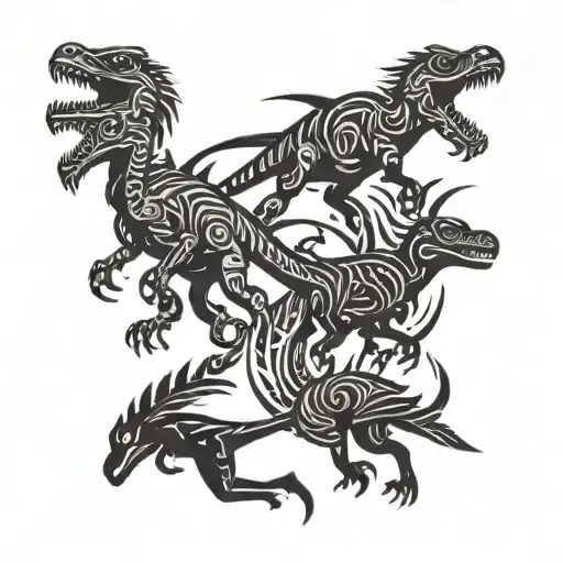 A Dark And Mysterious Scene Of A Pack Of Velociraptors Hunting In A Neotribal Style