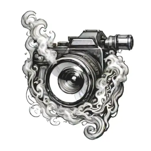 A Camera Lens Surrounded By Swirling Smoke And Melting Elements