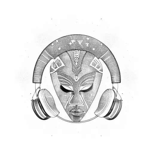 African Mask With Space Elements And Wearing Headphones