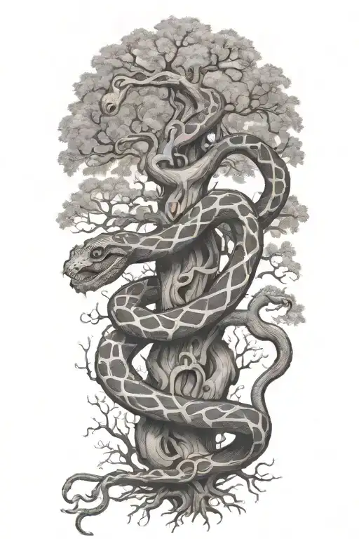 Snake Wrapped Around A Full Oak Tree With Branches