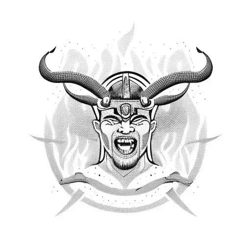 Warrior Ready To Fight With Ox On Fire Head