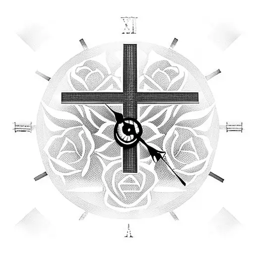 Clock With A Church Cross And Roses