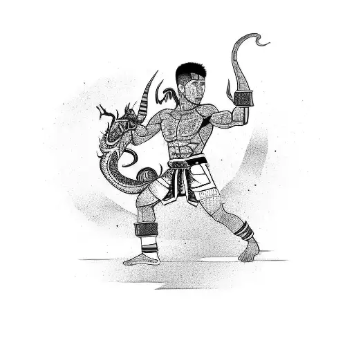A Muay Thai Warrior Striking A Muay Thai Pose With A Dragon Behind Him