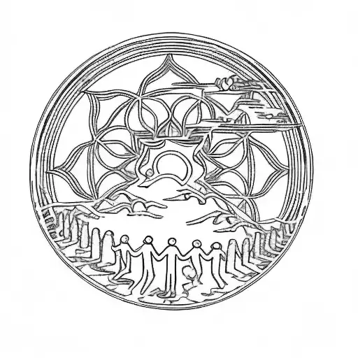 A Circle With People In It And Trees And Fire