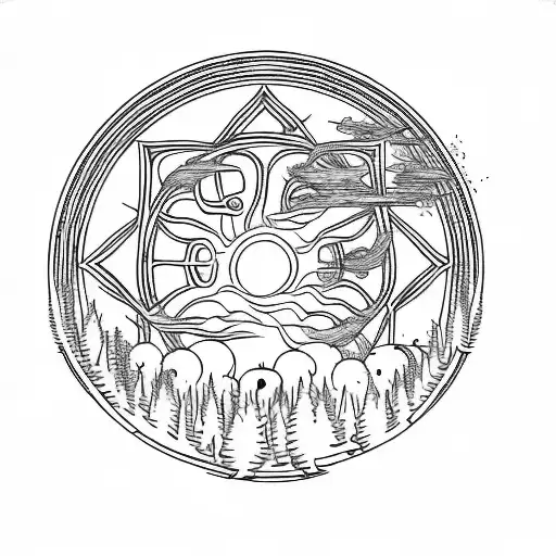 A Circle With People In It And Trees And Fire