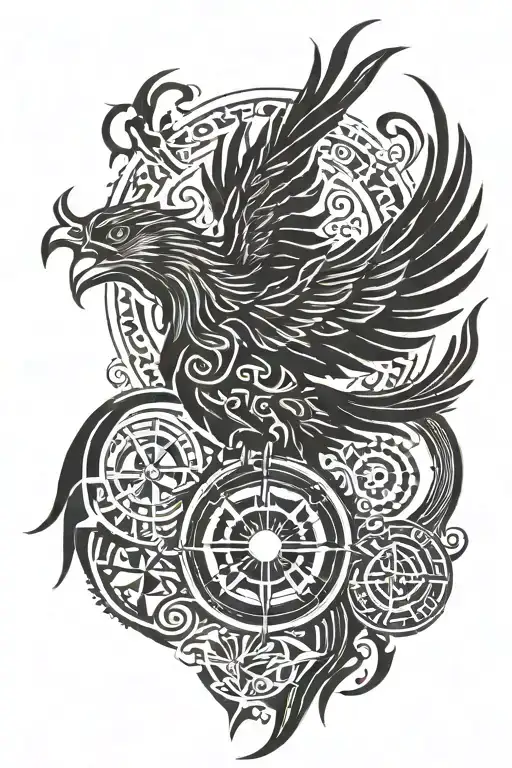 Phoenix Flying Towards The Sun With A Compass Surrounded
