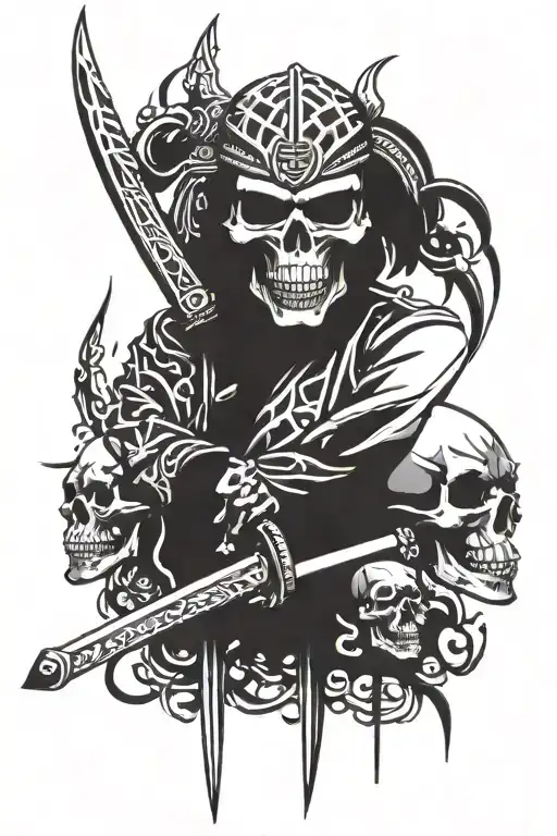 Katana Stabbed Through Samurai Skull Wearing