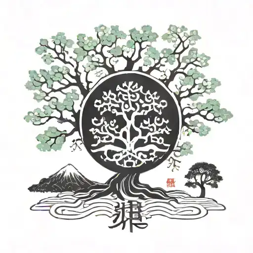 Traditional Korean Tree With Korean Words Next To It For Chest
