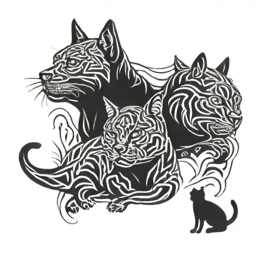 2 Staffy And A Cat Silhouette Standing Proudly Towards