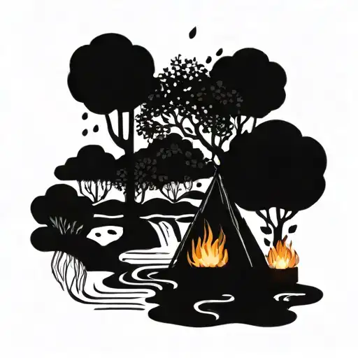 A Rowan Berry Tree And A Campfire Beside A River Waterfalling Down The Front