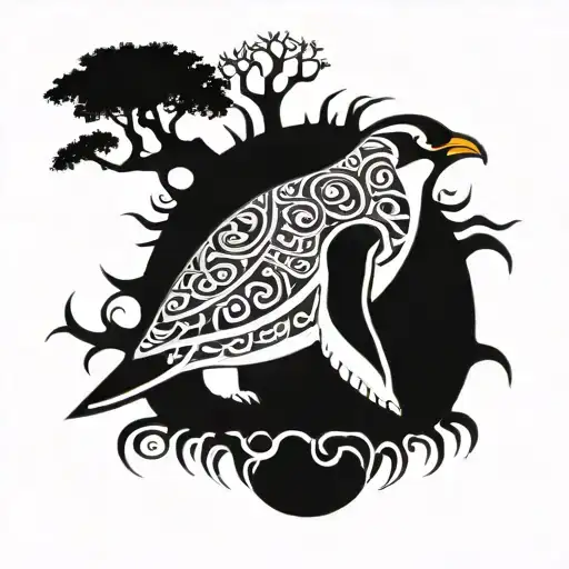 Penguin Under Tree Of Life On The Back Of A Turtle
