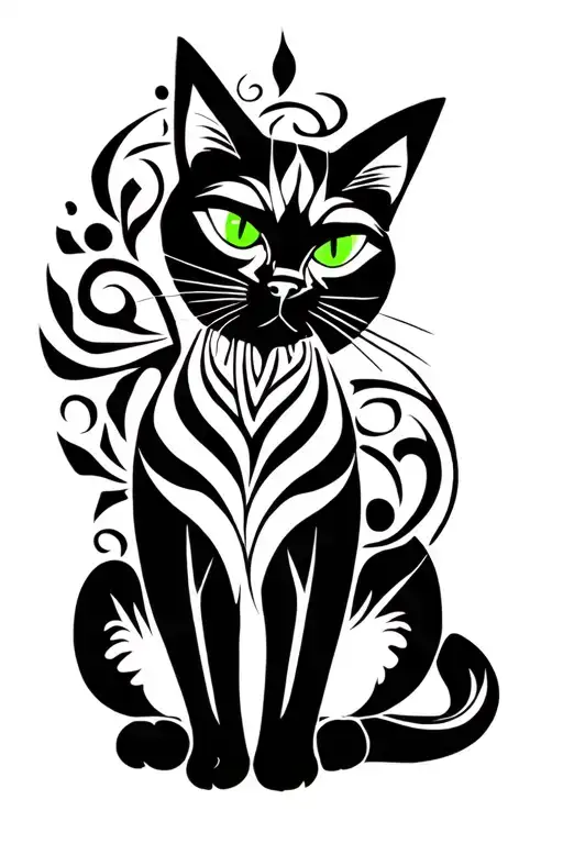 Black Cat With Green Eyes Sitting