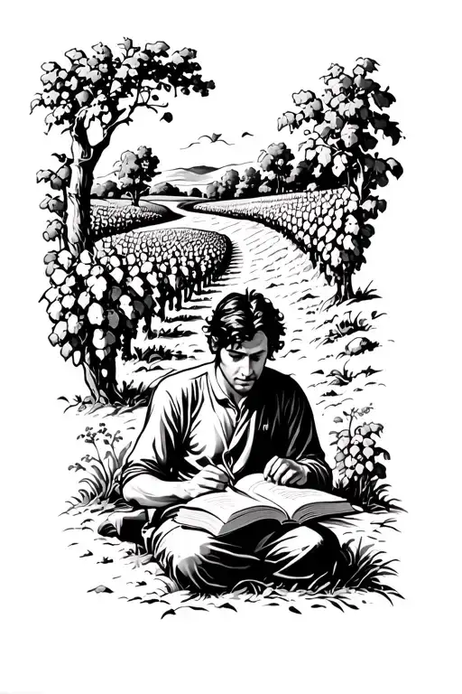 Men Writting A Book Surrounded By Bold Vineyard Landscape