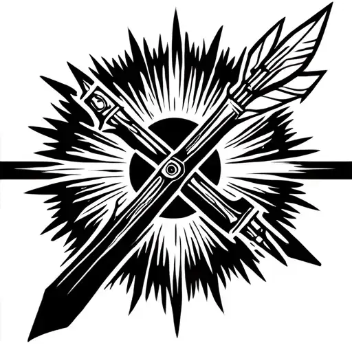 Gun And Spear Cross With Sun Behind It